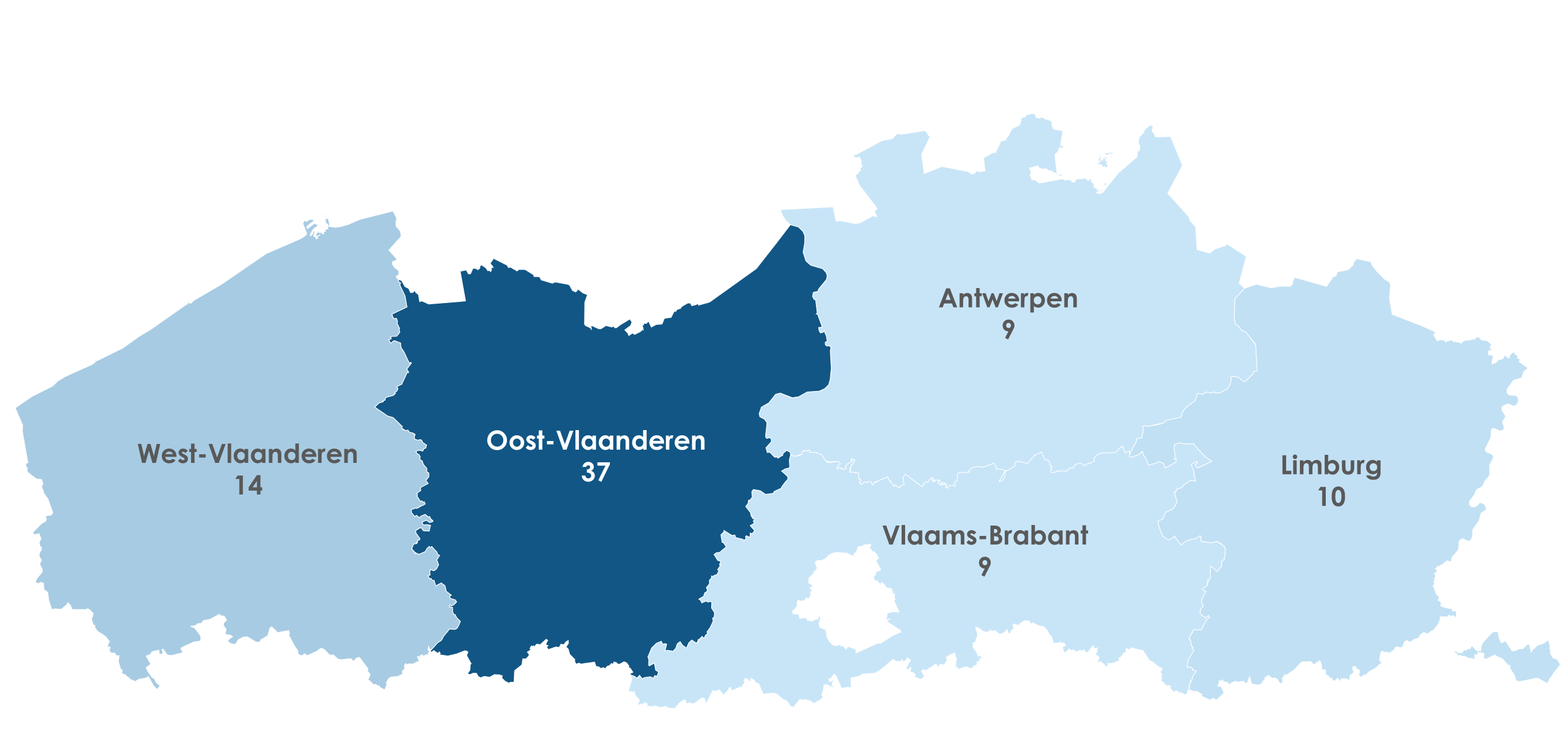 Een map van Vlaanderen met aantal organisaties